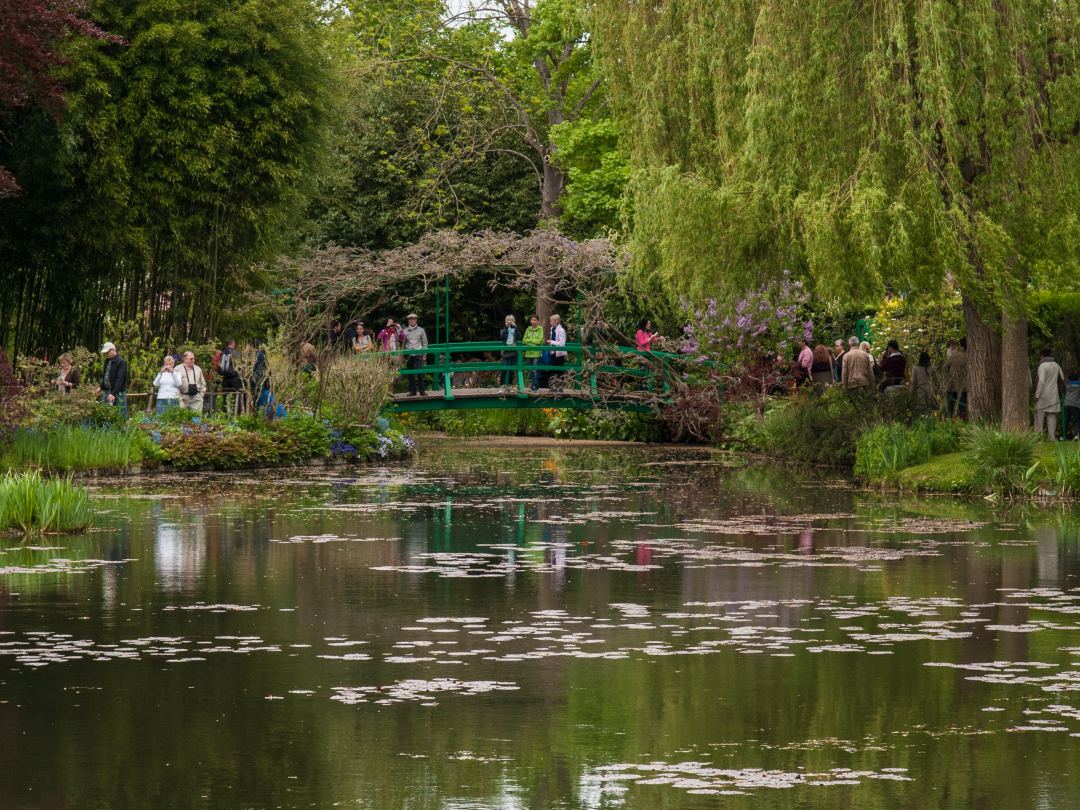 The lily pond at Giverny under willows, the green Japanese bridge at the far end of the water.